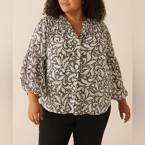 ZAC & RACHEL Button Up Blouse Puff Sleeve Floral Top Gray White Office Resort 3X